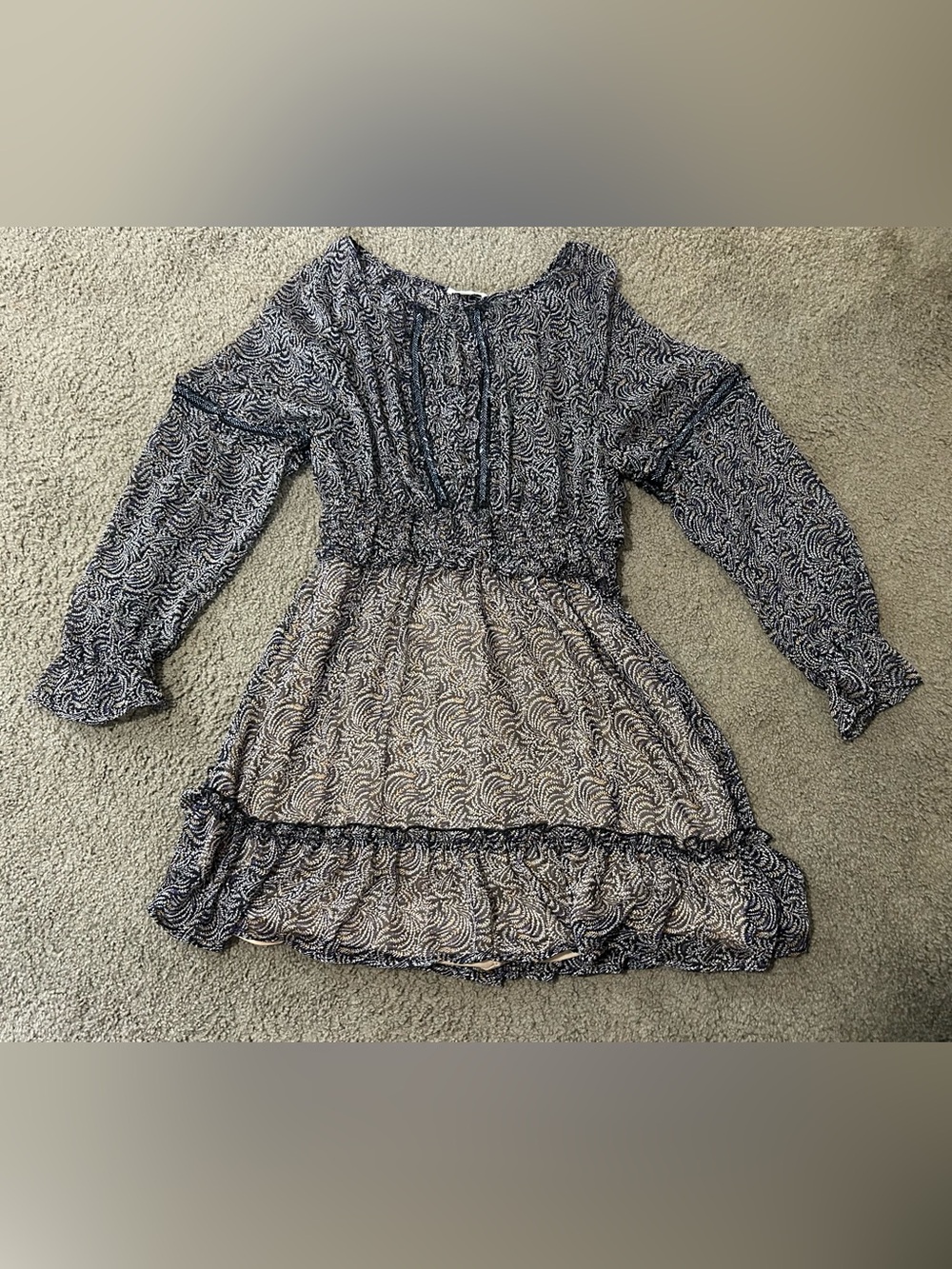 Endless Blu Sheer Boho Mini Dress Leaf Print Beaded Ruffle Black Cream - Picture 8 of 9